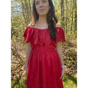 Vintage 1970s Red Eyelet Off Shoulders Dress